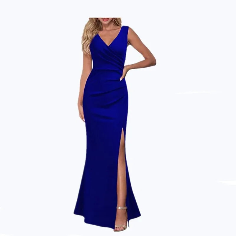 Summer Elegant Women's Sexy Sleeveless Slit Skirt Hot Wedding Long Dress Ladies Sling Backless Strap V-Neck Dress Female