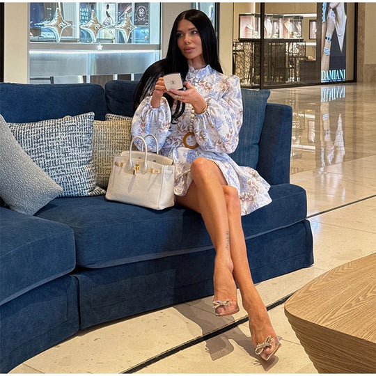 Elegant Women's Printed Dress Long Sleeve O-Neck Button Lady Dresses With Belt Summer Fashion Female Party Short Dress