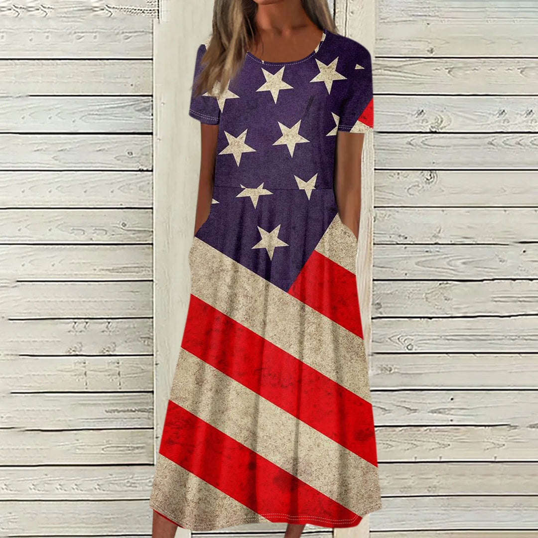 Women's Summer Dresses Casual Fashion Independence Day Printed Dress New Short Sleeved Round Neck Pocket Dress vestidos longos