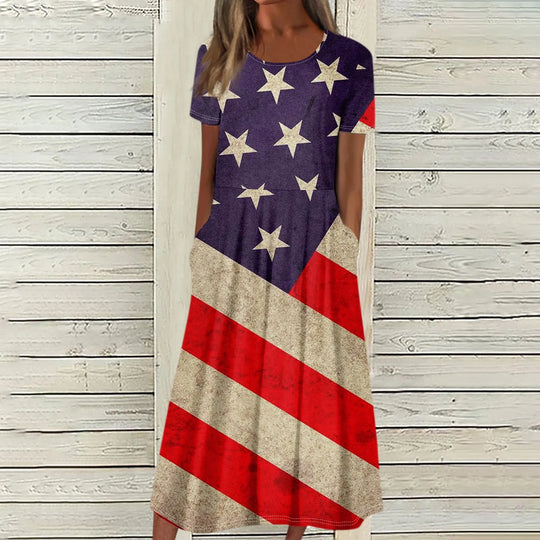 Women's Summer Dresses Casual Fashion Independence Day Printed Dress New Short Sleeved Round Neck Pocket Dress vestidos longos