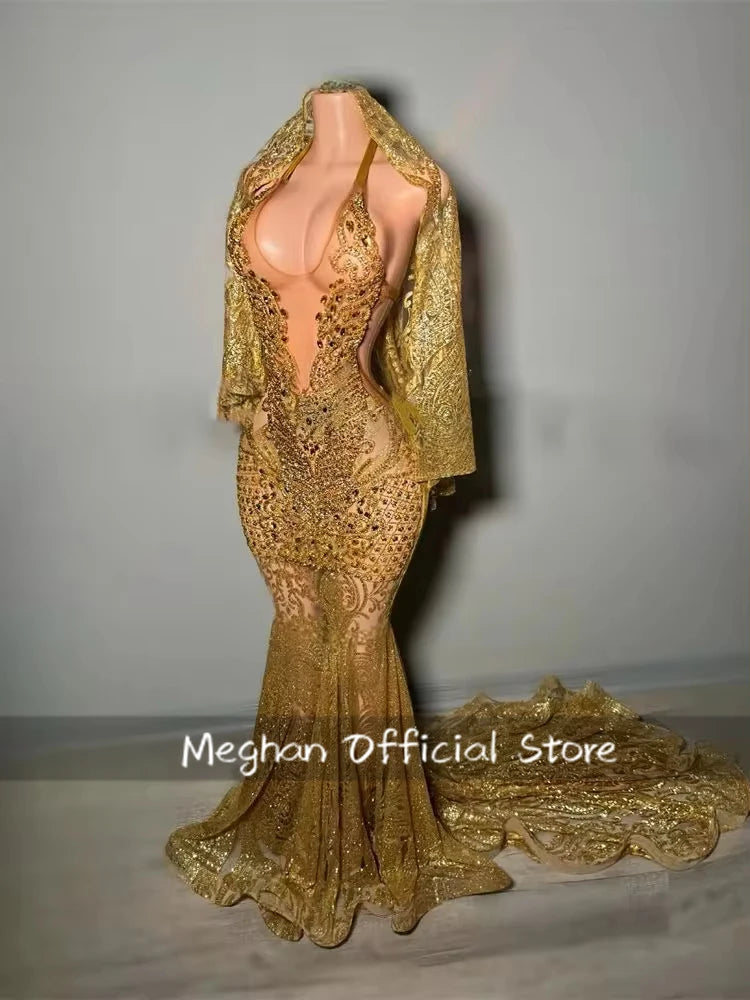 Gold Halter Long Prom Dresses For Black Girls Bead Crystal Rhinestone  Luxury Dress Evening Gown Cape Customized