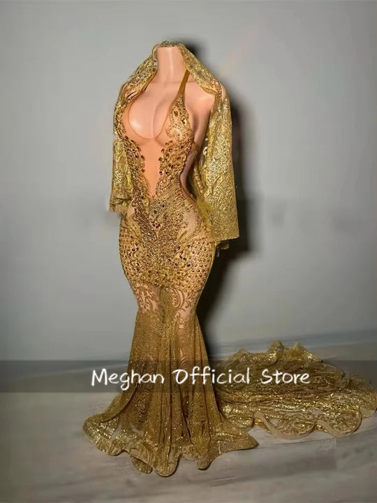 Gold Halter Long Prom Dresses For Black Girls Bead Crystal Rhinestone  Luxury Dress Evening Gown Cape Customized