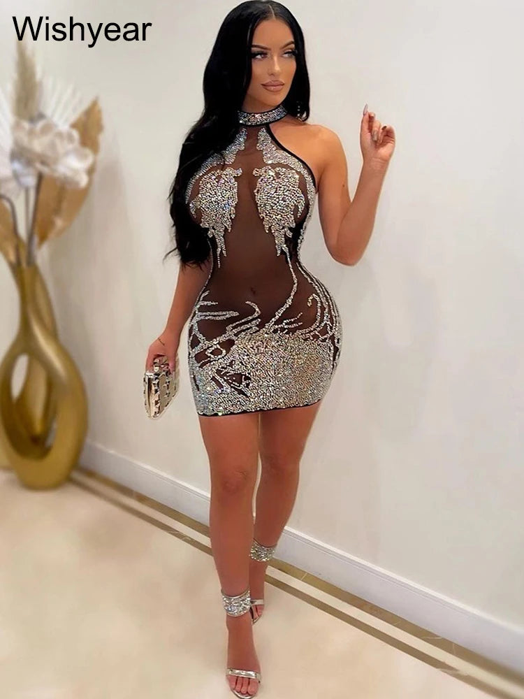New Hot Rhinestone Mesh See Through Apricot Mini Dress Women