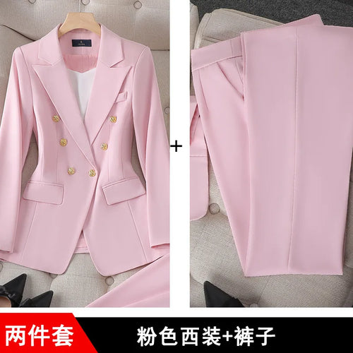 Fashion Office Ladies Formal Pant Suit Set Women Blue Pink Yellow