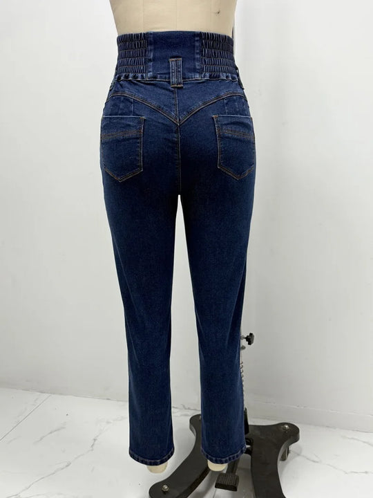 Jeans Pencil Pants Women 2025 Skinny Trousers High Waist Strecth Washed Distressed Pockets Buttons Vintage Denims Streetwear
