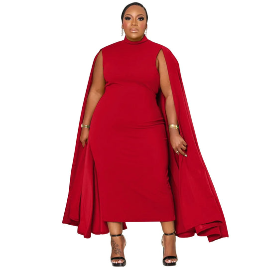 Curvy Women Plus Size Elegant Solid Women Dress Spring Long Cloak Sleeves Bodycon