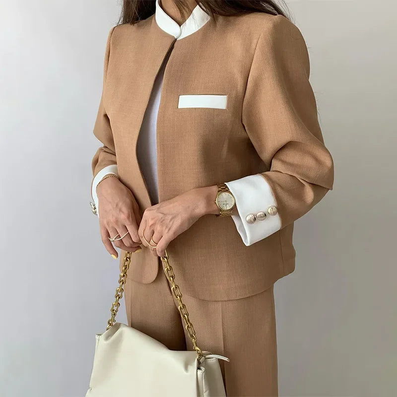 Pants Sets Two Piece Suit Elegant Women Blazer Cardigan Stand Collar