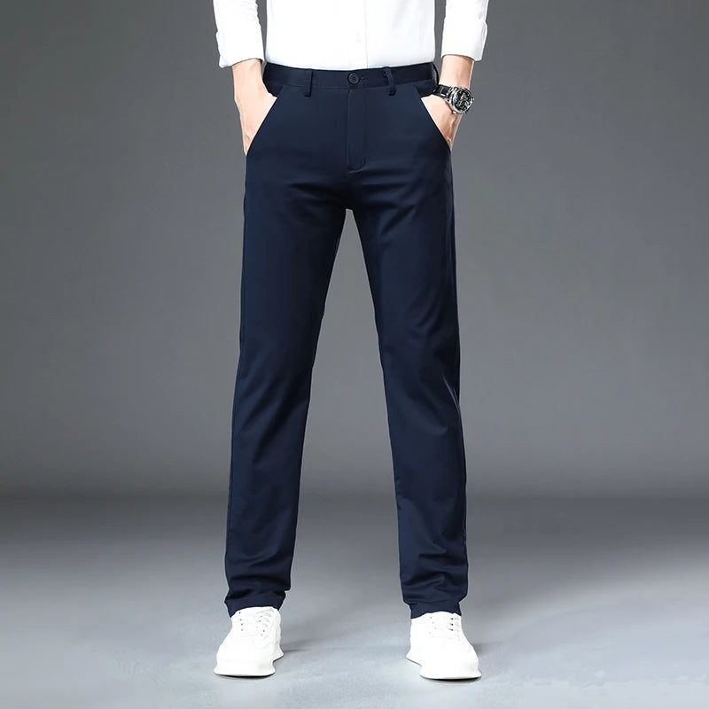 98% Cotton Casual Pants Men Solid Color Business Fashion Straight Slim