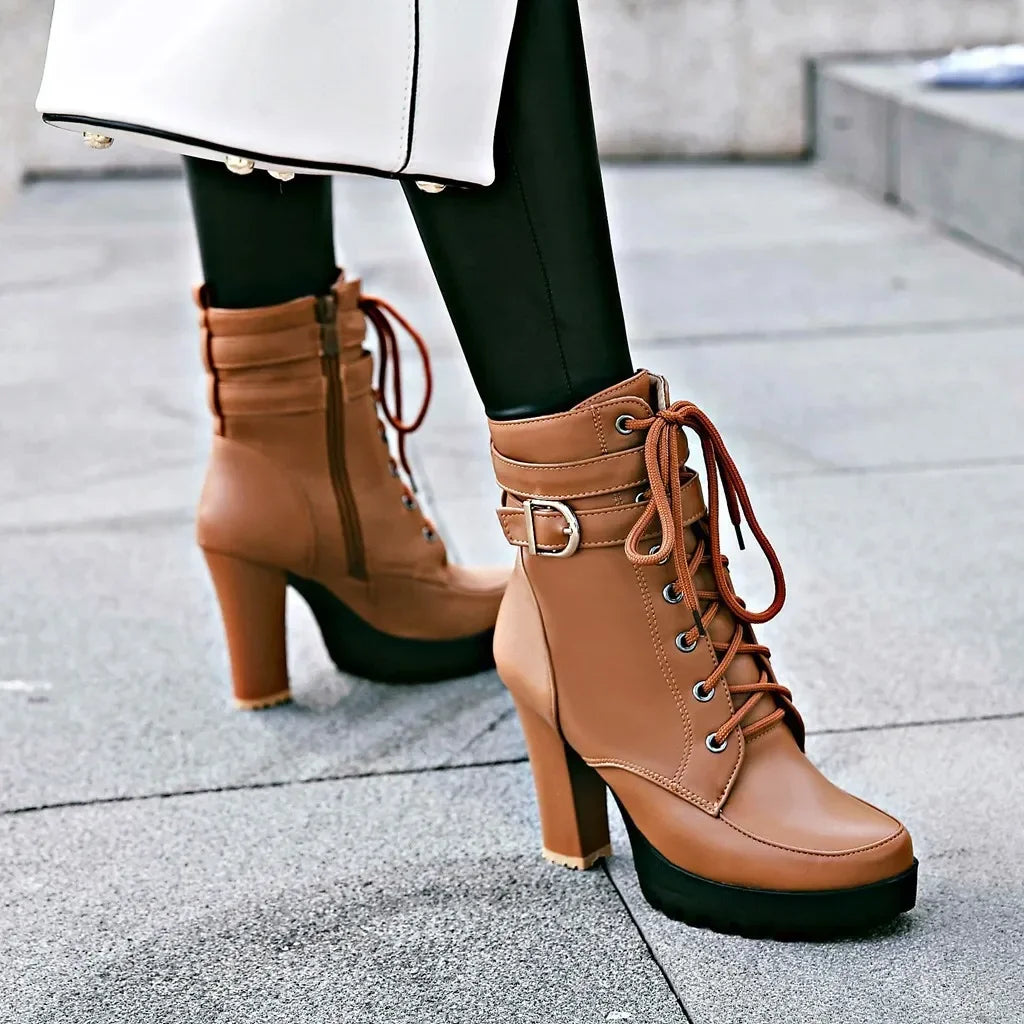High Heels Women Ankle Boots Lace Up Fall Winter Platform Ladies Boots Large Size Fashion Shoes White Black Brown 2024