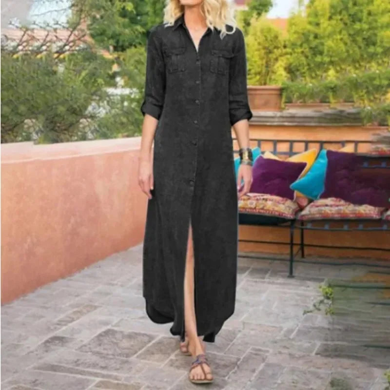 Summer Women's L-5XL Plus Size Loose Solid Color Casual Denim Long Dress Fashionable Flip Collar Button Long Sleeve Pocket Denim