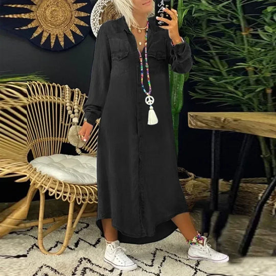 Women Fashion Long Dress Long Sleeve Shirt Dress Women's Denim Long Dress Pocket Button Shirt Casual Loose Dress