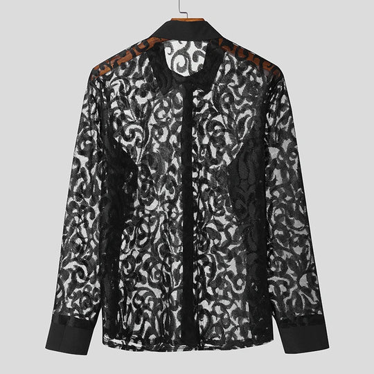 Men Shirt Mesh Transparent Jacquard Lapel Long Sleeve Streetwear Sexy Men Clothing 2025 Fashion Unisex Shirts S-5XL INCERUN