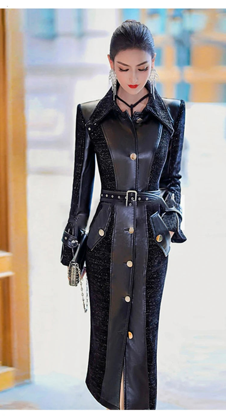 Spring Autumn Long Luxury Elegant Fitted Patchwork Pu Leather Trench Coat for Women Single Breasted Runway Fashion