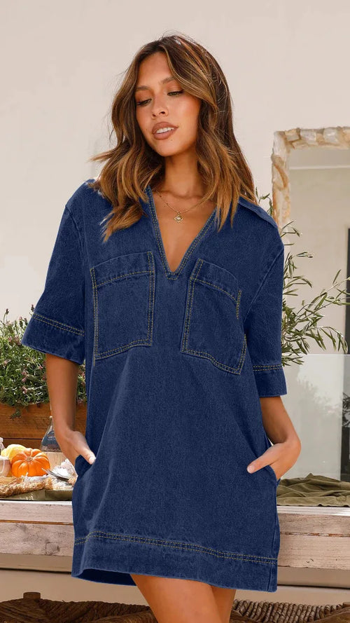 Fashion Denim Dress Casual V Neck Short Sleeve Loose Distressed Jean