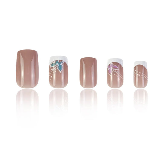 24pcs/set short saure fake nails for Spring summer season french style flowers butterfly design press on false nail art tips