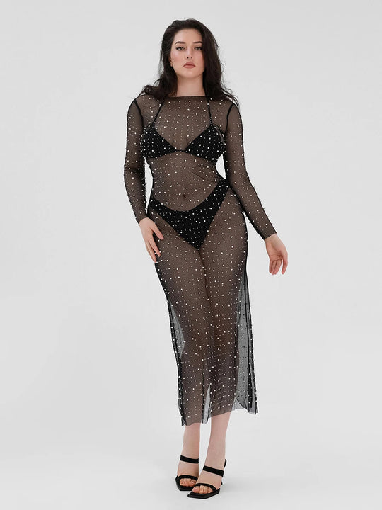 Sexy Women's Sheer Mesh Pearl Rhinestone Beach Cover Up Dress See