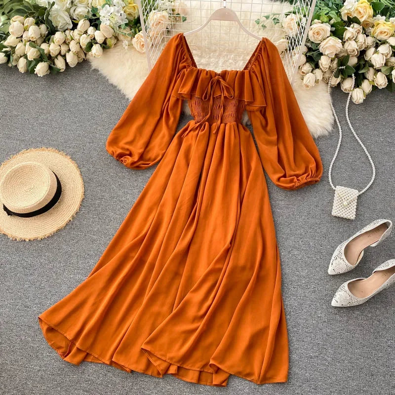 Woherb Chic Elegant Square Collar Maxi Dress Women Solid Chiffon Puff