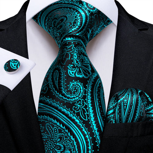 DeBanker Men Necktie Teal Blue Paisley Designer Silk Wedding Tie For
