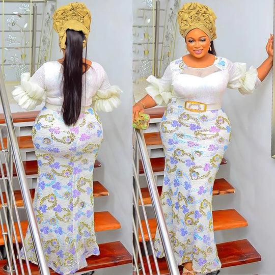 Plus Size Luxury African Sequins Dress for Women Elegant Lady Evening Dresses with Belt Sexy Female Wedding Party Bodycon Gown