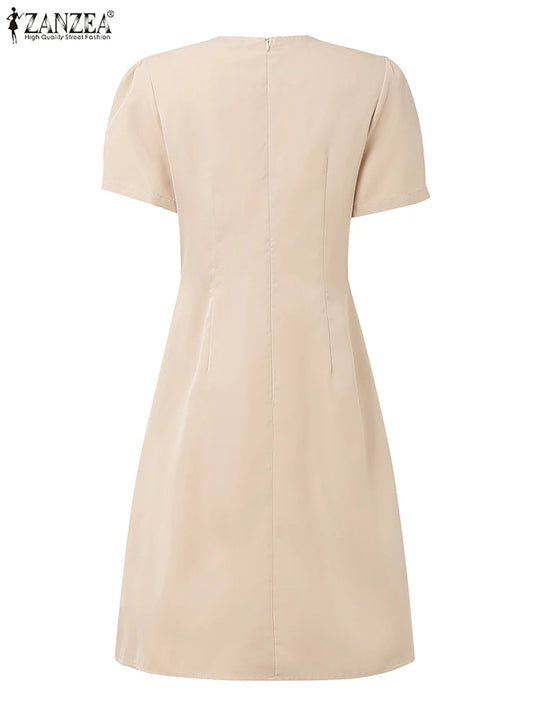 Elegant Pleated Dresses Women Summer Dress V Neck Puff Sleeve Party Vestidos Stylish Solid OL Work Sundress