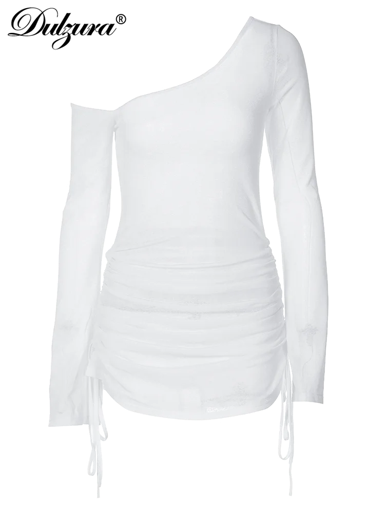 Dulzura Solid Skew Collar Ruched Straps Lace-Up See Through Draw