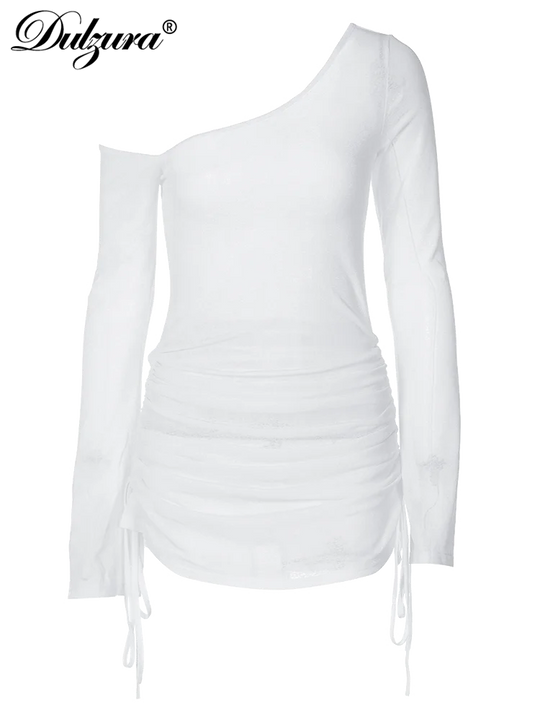 Dulzura Solid Skew Collar Ruched Straps Lace-Up See Through Draw