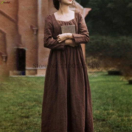 Women Medieval Victorian Retro Dress Square Collar Long Sleeves High
