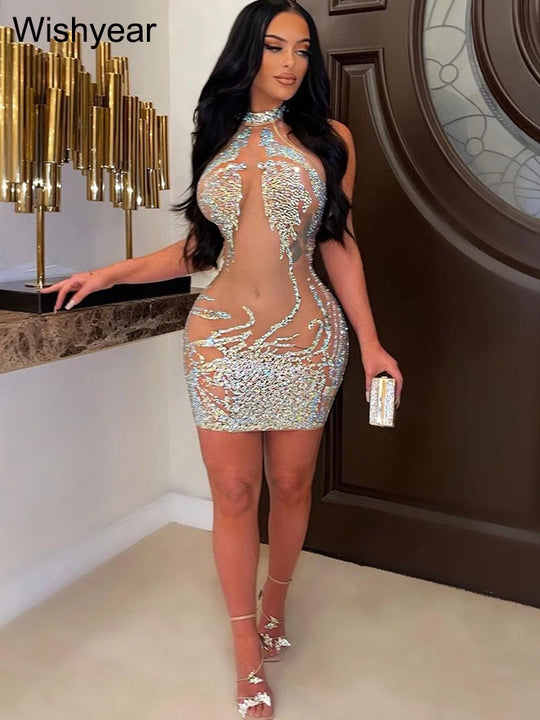 New Hot Rhinestone Mesh See Through Apricot Mini Dress Women