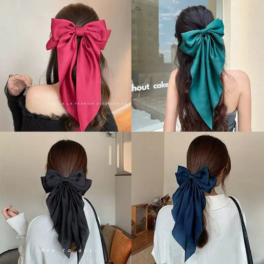 Elegant Solid Large Bow Ribbon Hair Clip For Women Girl Sweet