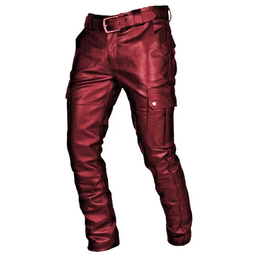 Men's Leather Motorcycle Pants with Cargo Pockets, Black, PU Pants  No