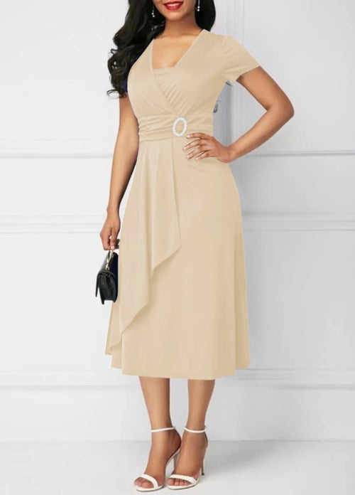 Summer Dresses Elegant Women Solid Color Short Sleeve V Neck