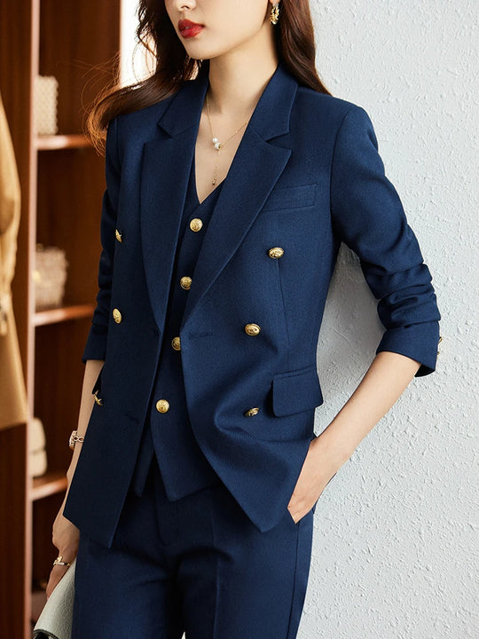 Autumn Winter Women Vest Blazer and Pant Suit Orange Navy Khaki Office