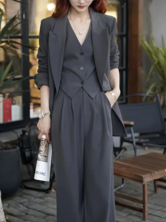 Korean Fashion Women Business Blazer 3 Pieces Set Elegant Casual