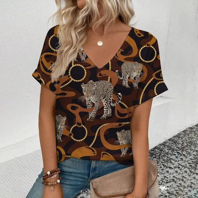 Summer clothing V-neck sexy leopard print T-shirt animal pattern