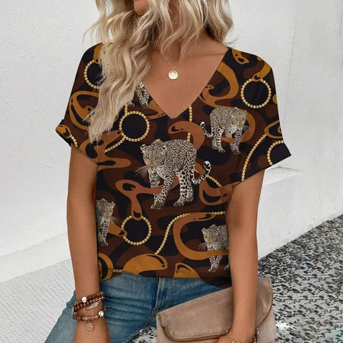 Summer clothing V-neck sexy leopard print T-shirt animal pattern
