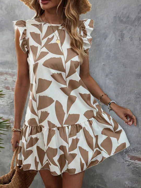 Casual loose ruffled short-sleeved dress summer women's 2024 new round neck floral elegant dress temperament elegant dress