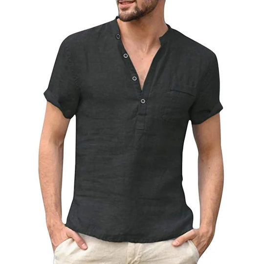 High Quality New Men'S Linen V Neck Bandage T Shirts Male Solid Color