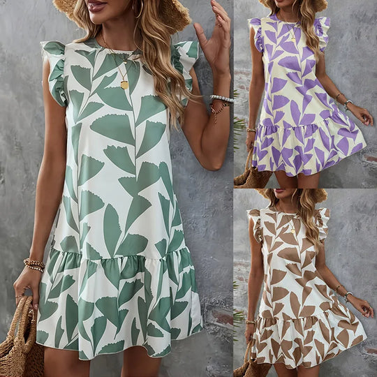 Casual loose ruffled short-sleeved dress summer women's 2024 new round neck floral elegant dress temperament elegant dress