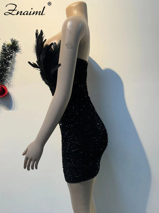 Znaiml Luxury Birthday Women’s Feathers Sequin Strapless Deep V-neck