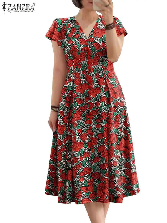 ZANZEA Elegant Women Floral Print Midi Dress Summer 2025 Casual