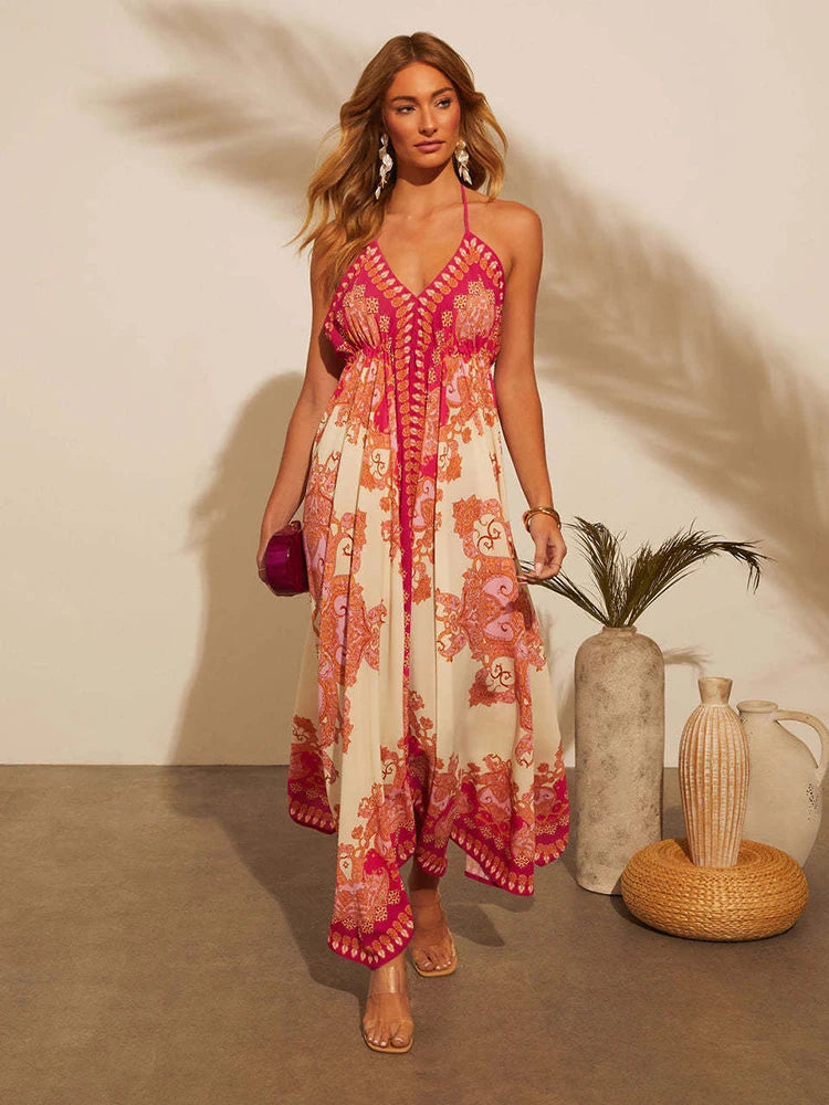 Women's Summer V-neck Halter Bohemian Floral Long Dress,Women