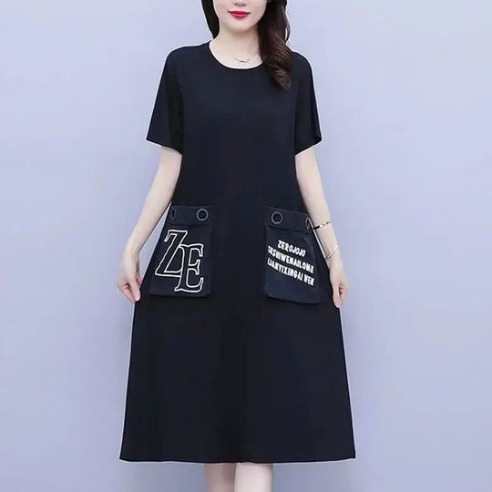 Fashion O-Neck Spliced Pockets Printed Letter Casual Dresses Women's Clothing 2024 Summer New Loose Commuter Short Sleeve Dress