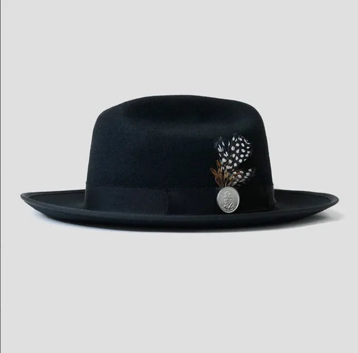Warm Soft Lightweight Wool Felt Fedora Hat with Feather British Style Autumn Winter Versatile Unisex Adjustable Band