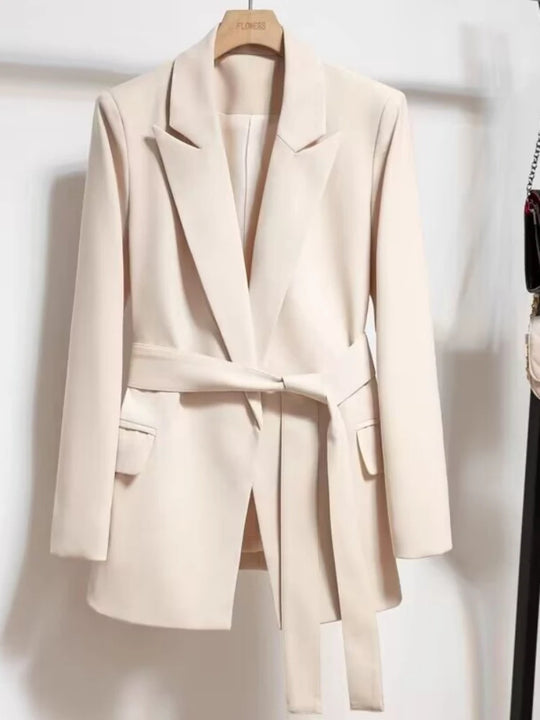 Women's Blazers Spring Autumn Suit Coat Beige Tie Up Jacket Slim Fit