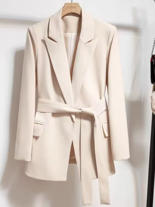 Women's Blazers Spring Autumn Suit Coat Beige Tie Up Jacket Slim Fit