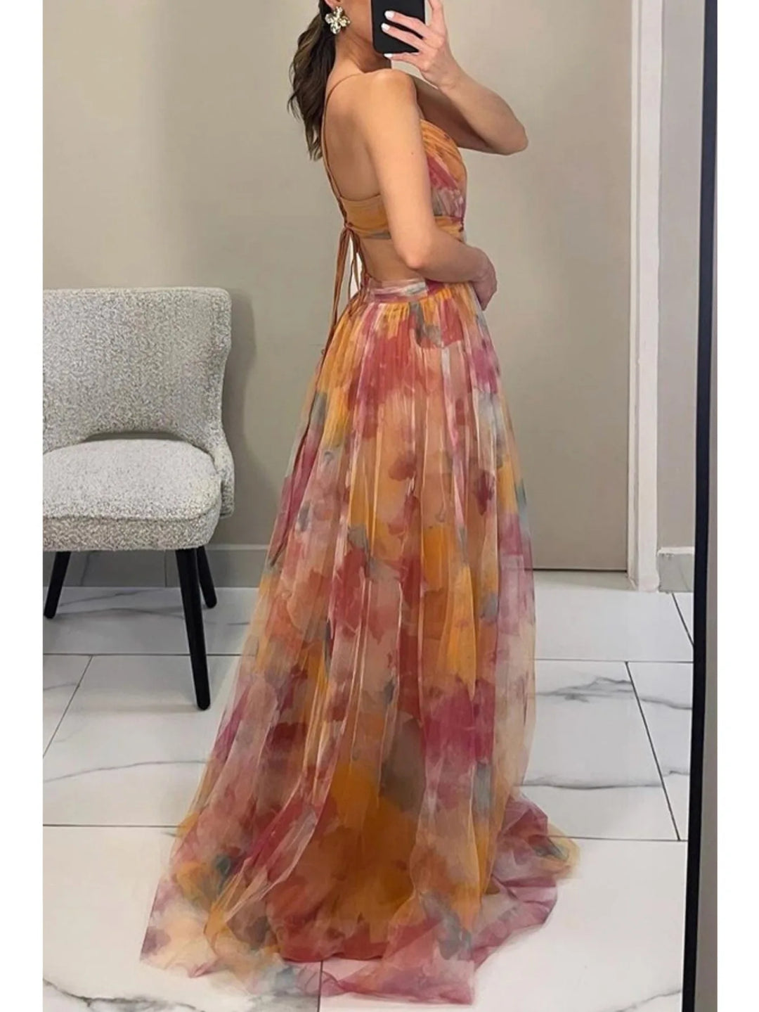 Spring/Summer New Mesh Printed Sling Dress Vacation Casual Gathering Dress