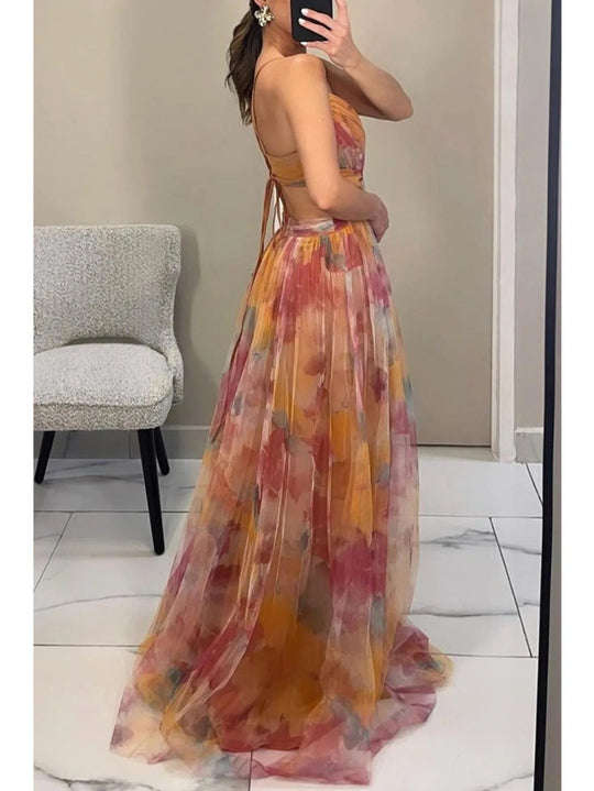 Spring/Summer New Mesh Printed Sling Dress Vacation Casual Gathering Dress