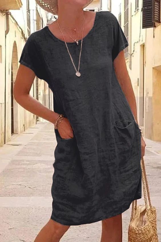 Elegant Women's Casual Dresses 2023 Summer Loose Solid Pocket Short Sleeve O Neck Cotton Linen Dress Lady Robe  Vestidos Mujer