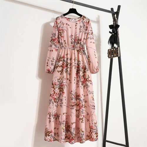 Spring Summer Women Maxi Dresses Casual Full Sleeve Floral Printed
