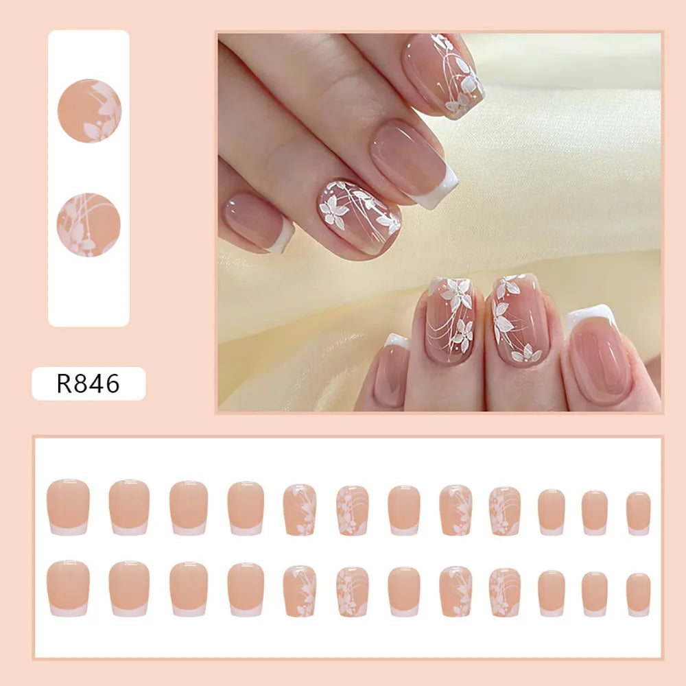 24pcs/set short saure fake nails for Spring summer season french style flowers butterfly design press on false nail art tips